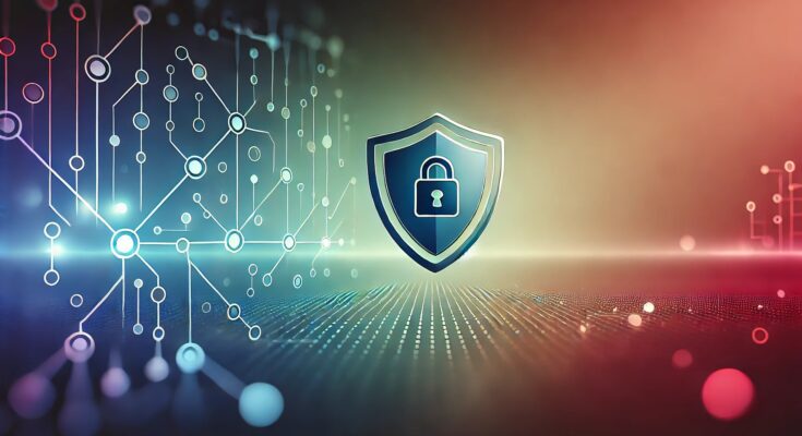 Illustration of a shield with interconnected nodes, symbolizing cybersecurity expertise and compliance, highlighting the comparison between CMMC consultants and internal teams.