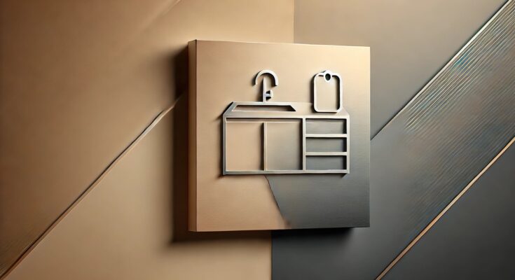 Minimalist illustration of a kitchen countertops with a sink and cutting board on a gradient background, reflecting contemporary kitchen design principles