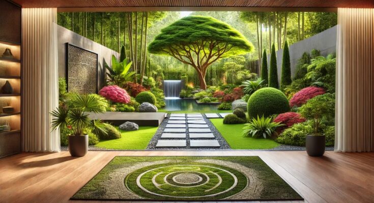 Realistic illustration of a beautifully landscaped garden featuring a lush green background, stone pathway, and a modern tree or water feature centerpiece.