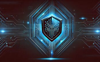 Modern business security services illustration with a sleek shield and circuit board icon, symbolizing advanced monitoring and AI-driven protection.