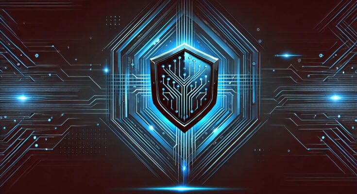 Modern business security services illustration with a sleek shield and circuit board icon, symbolizing advanced monitoring and AI-driven protection.