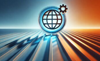 Modern minimalist illustration of global construction efficiency, featuring a smooth gradient background and an icon of a globe with construction beams and gears.