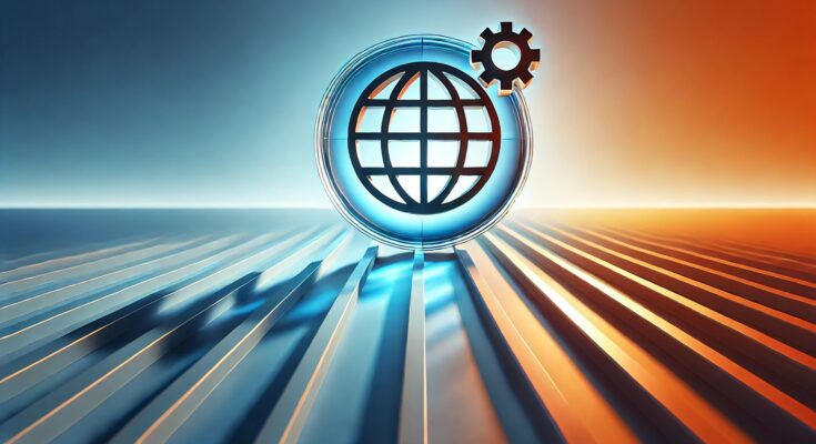 Modern minimalist illustration of global construction efficiency, featuring a smooth gradient background and an icon of a globe with construction beams and gears.