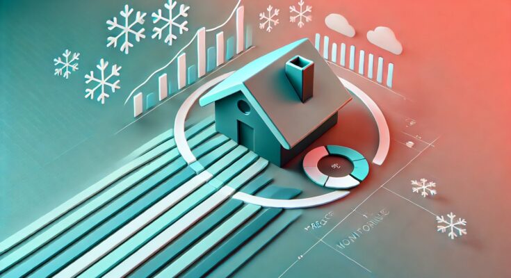 Minimalist illustration depicting predictive monitoring for roof snow management with a gradient background and a sleek icon of a roof with snowflakes and data charts, symbolizing innovative snow load management technology