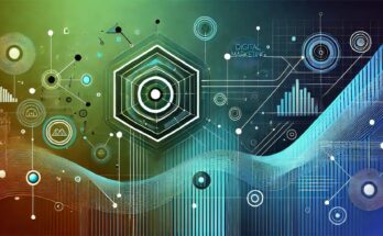 Illustration representing trends in digital marketing with a gradient background and a central icon symbolizing AI and marketing innovation.